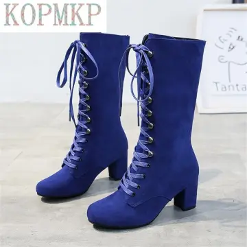 Slim Thigh Socks Boots Stretch Flock Blue Red Black High Heels