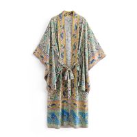 Boho Floral Print Loose Casual kimono Sleeve beach Cover-up top Open Front maxi Tie Belt blouse women bikini cover Swimwear