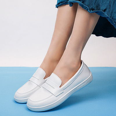 Onesunnys รองเท้าพยาบาล / รองเท้าสีขาว / รองเท้าทํางาน / สต็อก / รองเท้าลําลอง / รองเท้ากันลื่น / รองเท้าหนังแบนสีขาวรองเท้าผู้หญิงเดี่ยว