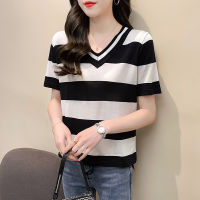 LUCKIN STORE Top For Women S Short Sleeve Thin T-Shirt New Korean Blouse Knit Women S Top V-Neck Striped Tops