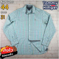 Tommy Hilfiger®แท้ อก 44 เสื้อเชิ้ตผู้ชาย ทอมมี่ ฮิลฟิกเกอร์ สีเขียว เสื้อแขนยาว เนื้อผ้าดี