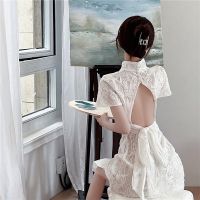 【CW】 New Chinese national style white lace small dress engagement dress improved cheongsam seaside holiday backless dress