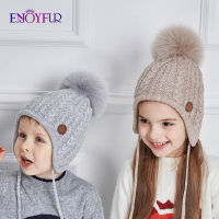 ENJOYFUR kids winter knit hats for girl boy natural fox fur pompom children bonnets warm thick cute baby outdoor earflap beanies