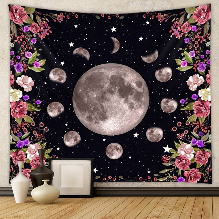 moon-tapestry-wall-hanging-boho-moonlit-plants-garden-tapestry-starry-night-carpet-black-background-floral-tapestry-decor