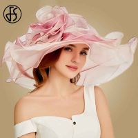 [hot]FS Pink Kentucky Derby Hat For Women Organza Sun Hats Flowers Elegant Large Wide Brim Ladies Wedding Church Fedoras