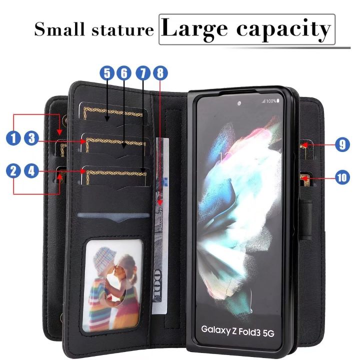 เคสสำหรับ-funda-galaxy-z-fold-3-5g-หนังแม่เหล็ก-pu-10กระเป๋าเก็บบัตรขาตั้งโทรศัพท์สำหรับ-samsung-z-fold4-s22-s21-s23-carterfa-ultra