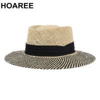 HOAREE Panama Hat Men PorkPie Sun Hat Summer Straw Wide Brim Fedora Male Hand Knitting Black Patchwork Casual Beach Tribby Hat