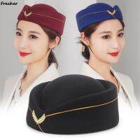 Women Wool Felt Pillbox Air Hostesses Beret Gold Insignia Hat Base Cap Airline Stewardess Formal Uniform Hat Caps Sweet Fedoras