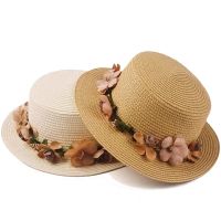 Simple Parent-child Summer New Women 39;s Sun Hat Bucket cap beige lace Bowknot Flowers Ribbon Flat top Straw Hat Beach Caps Panama