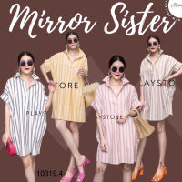 ป้าย Mirrorsister 10319.4 เดรสเชิ้ตลายริ้วทางลงสลับสี ดีเทลแขนสั้นพับเบิ้ล ดีไซน์ทรงหลวมๆ มีกระเป๋าล้วงได้2ข้างลำตัว