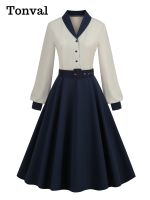 【YF】 Tonval Beige and Navy Blue Patchwork Button Up Vintage Swing Dresses for Women 2023 Long Sleeve Spring Elegant Belted Midi Dress