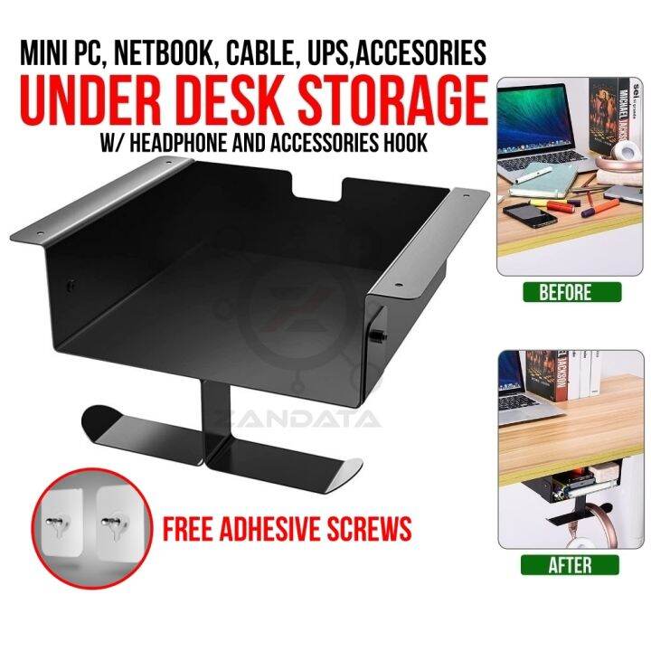 Under Table Storage Metal Shelf Desk Organizer with Dual Headphone Hook