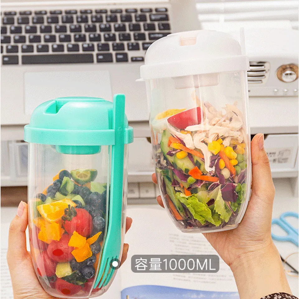 Portable Salad Shaker Set with Fork and Dressing Container with Logo 