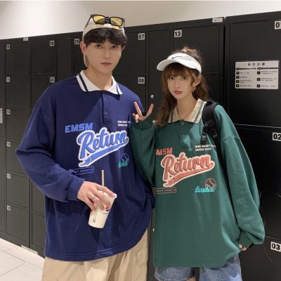 Korean womens shirt polo collar fashion casual loose shirt long-sleeved T-shirt coat shirt uni oversized pullover couple wear