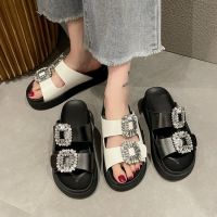 ✔✸▲ 2022 summer new Korean style casual flip flop square buckle rhinestone double belt thick bottom beach sandals womens outerwear slippers