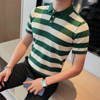 2023ผู้ชายฤดูร้อนผ้าไหมน้ำแข็งแขนสั้นเสื้อโปโลชาย Slim Fit Stripe Casual คุณภาพสูงเสื้อโปโล Plus ขนาด M-4XL