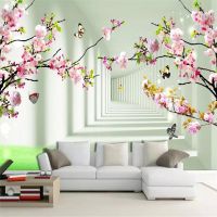 ✵✁ Decorative wallpaper 3D space romantic peach blossom lawn background wall