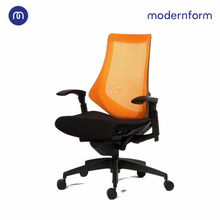 modernform-เก้าอี้สำนักงาน-เก้าอี้ทำงาน-เก้าอี้ออฟฟิศ-เก้าอี้ผู้บริหาร-รุ่น-fg-พนักพิงกลาง-ปรับระดับความสูง-การล็อค-การเอนได้ถึง-4-ระดับ-เบาะหุ้มด้วยผ้าสีดำสัมผัสเนี้ยบ-หุ้มผ้าตาข่ายสีส้ม-ขาไนลอน