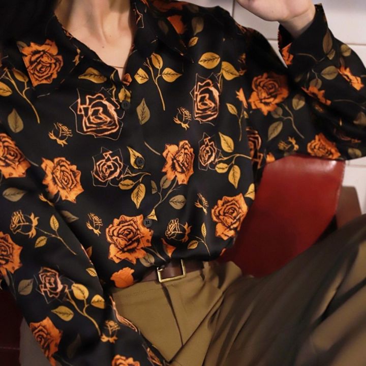 rose-floral-retro-ฤดูใบไม้ร่วงใหม่แขนยาวออกแบบ2022อารมณ์อาวุโสเสื้อหลวม-top-women