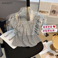 AMMIN เสื้อย้อนยุคแนวแฟชั่นผ้าชีฟองลายตารางแขนสั้นคลาสสิกคอสี่เหลี่ยมเรียบง่ายใหม่ฤดูร้อน2023เสื้อแบบสั้นแขนดอกบัวหวานสไตล์เกาหลีของผู้หญิงเสื้อที่สง่างาม