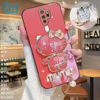 YiMia ผู้ถือขาตั้งกระจกแต่งหน้าแฟชั่นน่ารัก3D Hello Kitty พร้อมเคสสายโซ่ไข่มุกเพชรสำหรับ A9 OPPO A16K A5 2020 A3S A12E A7 A5S A12 A15 A15S A16 A17 A17K หรูหราฝาหลัง TPU นุ่มโลหะด้วยไฟฟ้า