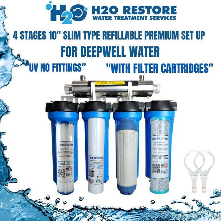 Water Filter 4 Stages 10” Slim type Refillable Premium Deepwell with 2 ...