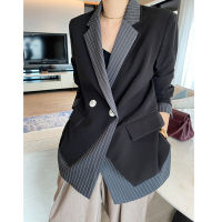 DEAT Woman Jackets Striped Patchwork Notched Outerwear Long Sleeve Loose Office Lady Style Jackets 2021 Autumn Fashion 15XF278