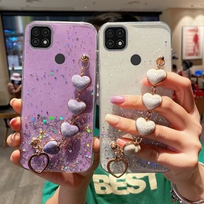 「Enjoy electronic」 Luxury Love Heart Plush Bracelet Phone Case For Realme C21 7 7i 8 8i Pro C11 C15 C25 C25Y A52 A72 A16 Wrist Chain Silicon Cover