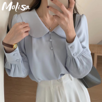 Molisa Fashion เสื้อแขนยาว เสื้อผ้าชีฟอง เสื้อคอตุ๊กตา สีฟ้า หลวม แขนยาว ใส่สบายๆ MI23021612