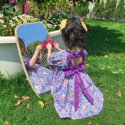 ชุดเดรสสำหรับเด็ก2-7ปี,เดรสเจ้าหญิงเปิดหลังลายดอกไม้สีม่วงฤดูร้อนแฟชั่นเดรสเจ้าหญิงสำหรับเด็กผู้หญิงเด็กทารก