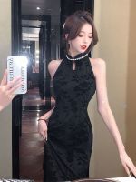 Genuine Uniqlo High-end New Chinese-style improved cheongsam black halterneck dress feminine and sexy slim hip-covering long skirt