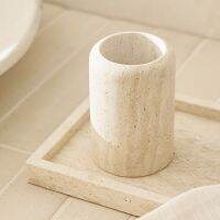 7.5 Dx 12CM H Natural Beige Marble Stone Toothbrush Washing Storage Cup Small Vase Ornaments Yellow Travertine