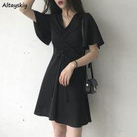 Dress Women Flare Sleeve Zipper Solid Student Simple Loose Casual Summer Korean Style Retro Soft Cute All-match Elegant Sundress