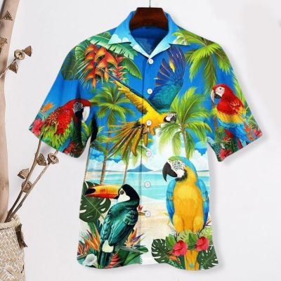 เสื้อเชิ้ตฮาวายทรงหลวมสำหรับผู้ชายเสื้อพิมพ์ลายนกมะพร้าวเสื้อฤดูร้อนแบบปกแขนสั้นกระดุมสำหรับแห้งเร็ว