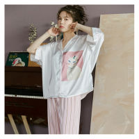 Lisacmvpnel Loose Cartoon Print Women Pajamas Bat sleeve Long Sleeve Trousers Suit Pijama