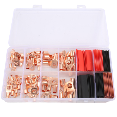 150Pcs Boxed Peek Terminal 70 Copper-Colored Bare Terminals Copper Nose 80 Red and Black Heat Shrinkable Tubes