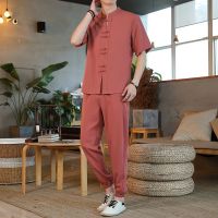 【hot seller】 Mens casual suit 2023 new summer short-sleeved t-shirt mens full set of Chinese style a complete Tang two-piece