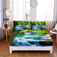 Forest Digital Printed 3pc Polyester Fitted Sheet Mattress Cover Four Corners with Elastic Band Bed Sheet Pillowcases