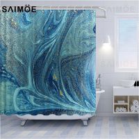 Abstract Striped Shower Curtain Liquid Marble Texture Blue And Green Mixed Gold Powder Bathroom Shower Curtain Waterproof