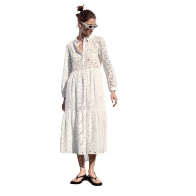 P002-012 PIMNADACLOSET - Long sleeve Collar Button Down Eyelet A-Line Tiered Midi Dress