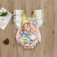 Newborn Baby Girl Easter Lovely Romper Summer Casual Rabbit Print Lace Fly Sleeves Jumpsuit Fur Ball Embellished Playsuit