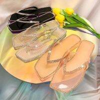 [CML Trendy]2021 summer new color diamond square head flat crystal jelly slippers female outer wear 37-41