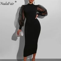 ❁ Nadafair Mesh Puff Sleeve Sexy Bodycon Dress Women High Neck Club Outfits Back Split Black Party Maxi Dress Women Winter 2021