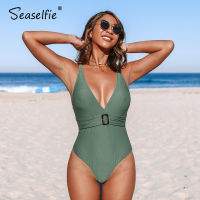 SEASELFIE V-neck Belted One-piece Swimsuit Women Sexy Solid Bronze Green Monokini Swimwear 2022 New Beach Bathing Suit Beachwear