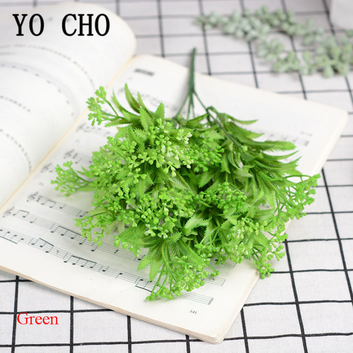yo-cho-พืชเทียม5ส้อมสีเขียว-milanese-สมุนไพรกิ่งไม้พลาสติกพืชสีม่วงหญ้าปลอมบ้านสวนงานแต่งงานตกแต่งผนัง