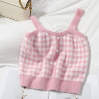 Fuzzy Plaid Women Crop Tops Soft Knitted Sleeveless Button Up Cute Sweet Girls Knitwear Korean Tank Top 122658WTA