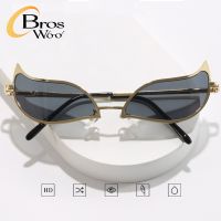 (Bros Woo) แว่นกันแดดแฟชั่น Cat Eye Party 2023กรอบโลหะใหม่ Hiphop Sunglasses