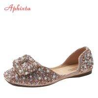 ✉✗□ Aphixta Soft Women Butterfly Knot Loafer Bling Pearl Ballet Flats Shoes Shallow Round Toe Female Casual Shoes Large Size CN35-44