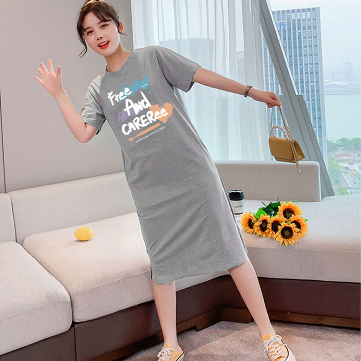 q320เดรสยาวเสื้อยืดแฟชั่นผู้หญิงสไตล์เกาหลี-คอกลมแขนสั้น-เนื้อผ้ายืดหยุ่นดี-กระโปรงเสื้อยืดทรงสวย-แนวหวานสดวัยรุ่นน่ารั