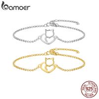 BAMOER 100 925 Sterling Silver Cat And Heart Link Chain Bracelets Bangles for Women Authentic Silver Jewelry Gift 3 Colors